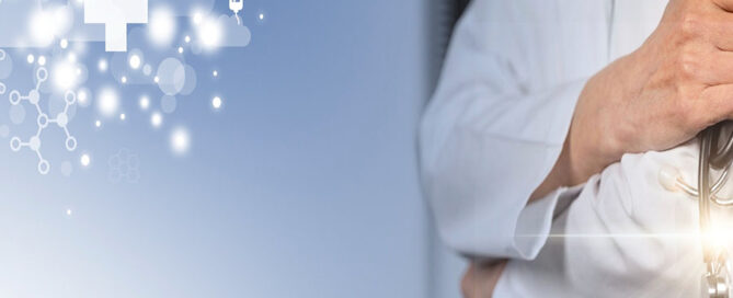 A doctor holding a stethoscope with a cross icon in a cloud concept image for cloud computing in healthcare