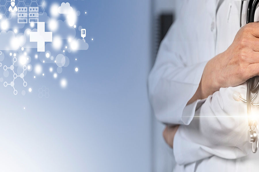 A doctor holding a stethoscope with a cross icon in a cloud concept image for cloud computing in healthcare