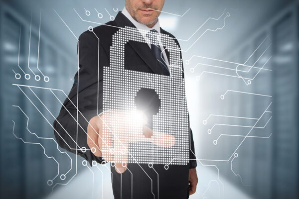 Businessman choosing futuristic padlock for enhanced IT security