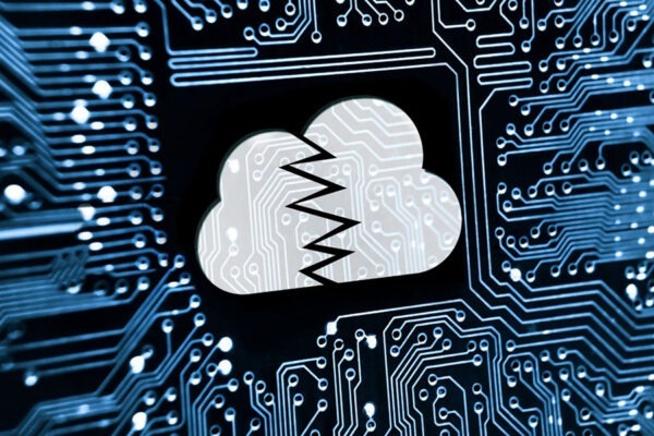 Crack in the cloud circuit board concept image for cloud computing security threats