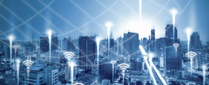 Cityscape with wifi network connection