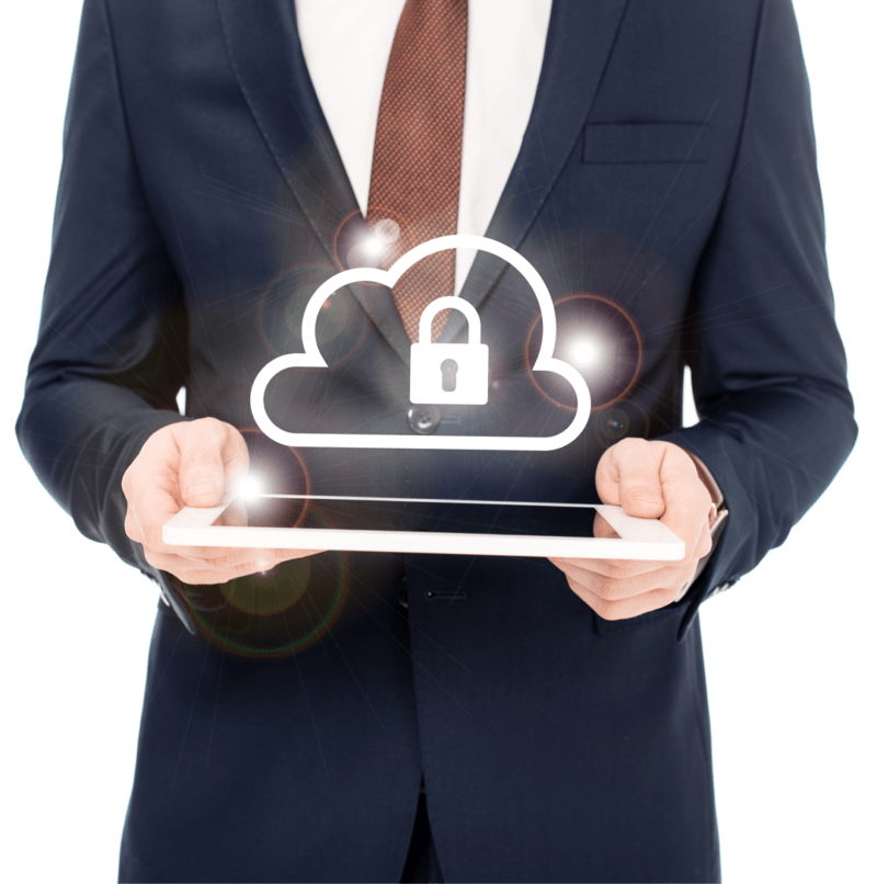 Man holding a tablet and shows a cloud with a padlock icon concept image for secure cloud storage Man holding a tablet and shows a cloud with a padlock icon concept image for secure cloud storage
