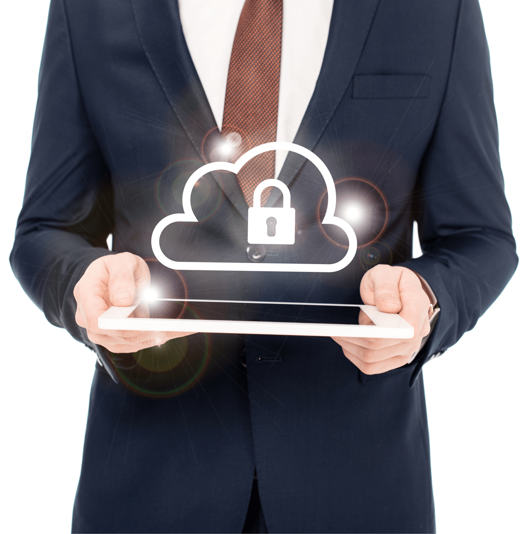 Man holding a tablet and shows a cloud with a padlock icon concept image for secure cloud storage