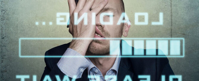 Frustrated man looking at loading concept image for how slow internet affects business.