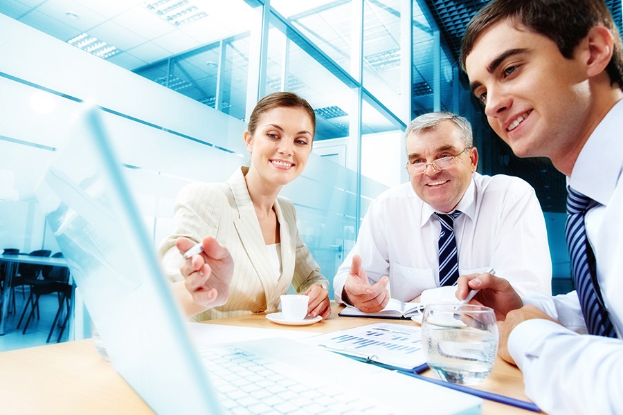 Group of professionals engaged in a discussion during a financial services IT consulting meeting in the office.