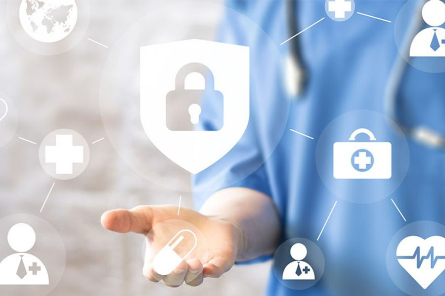 Healthcare professional and padlock icon concept image for healthcare data security