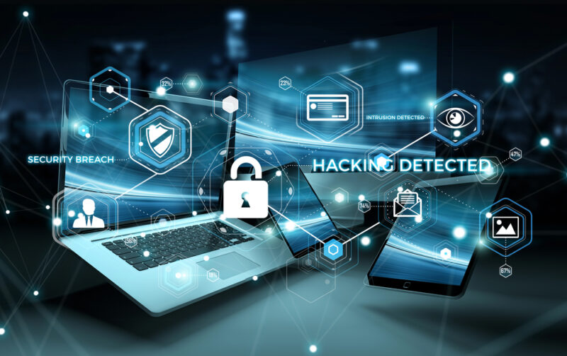 Concept image for security assessment showing antivirus interface over modern tech devices.