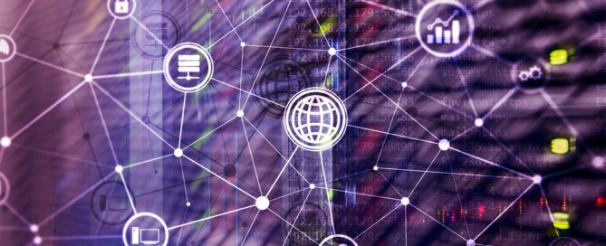 diagrams with icons on server room backgrounds
