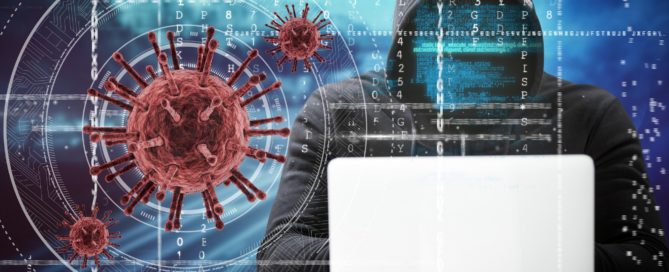 Man wearing mask on computer during COVID