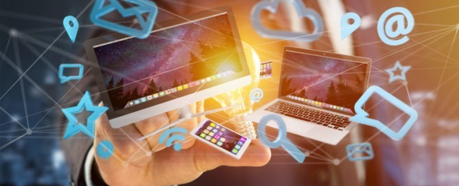 View of Devices like smartphone, tablet or computer flying over connected network
