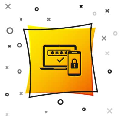 Multi factor authentication icon isolated on white background with yellow square