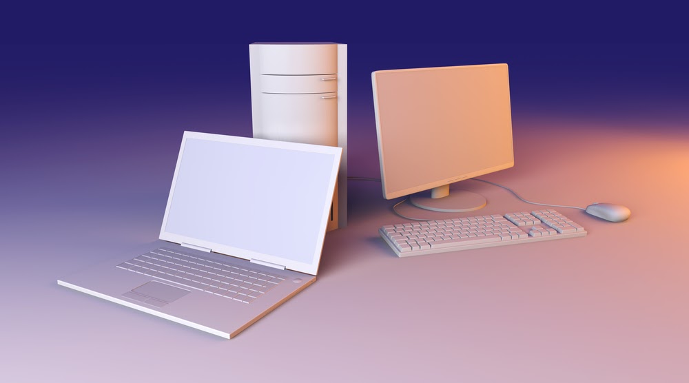 3D rendered Illustration of complete office setup with laptop and desktop pc