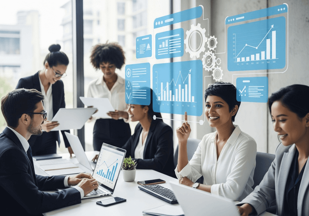 IT Support for Small Businesses 6 A diverse team works in a modern office with digital overlays of growth charts and data, representing the benefits of outsourcing IT services.