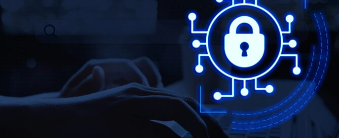 Endpoint management concept showing a glowing security lock icon over a laptop keyboard